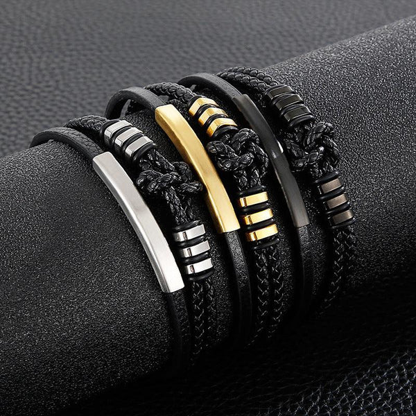 Kalen Double Layer Leather Stainless Steel Bracelet For Men - kalen