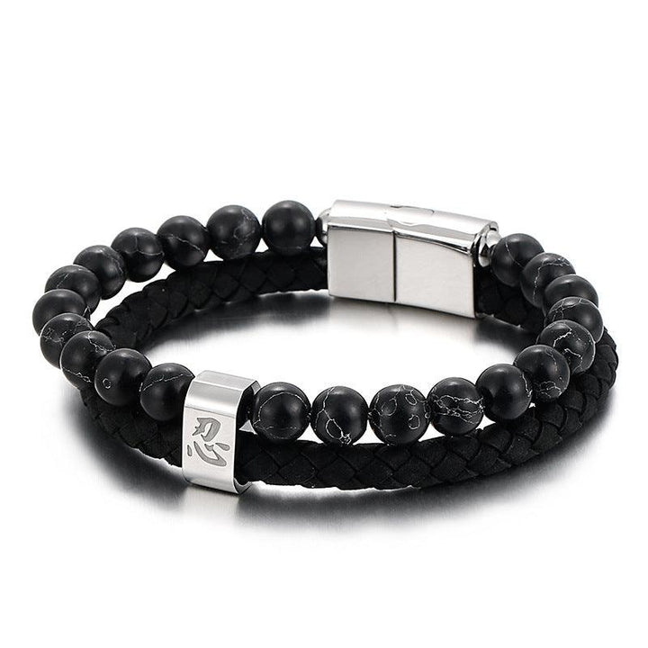 Kalen Double Layer Leather Stainless Steel Bracelet For Men - kalen