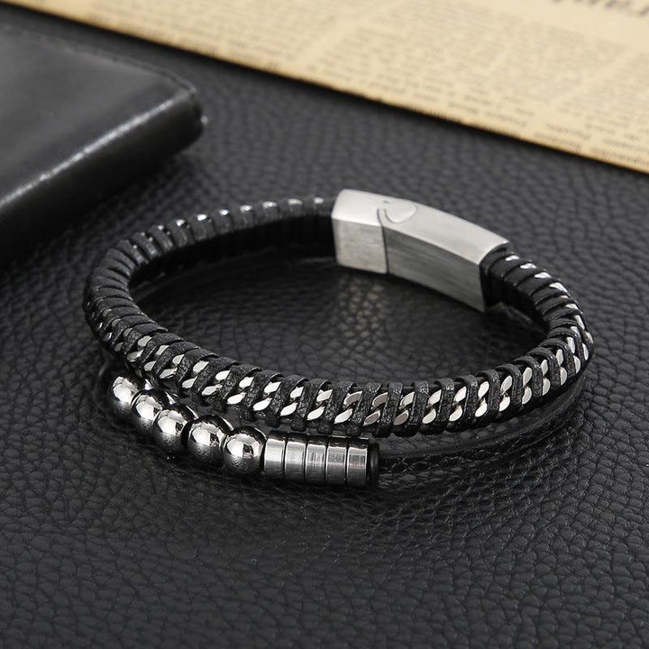 Kalen Double Layer Leather Stainless Steel Bracelet For Men - kalen