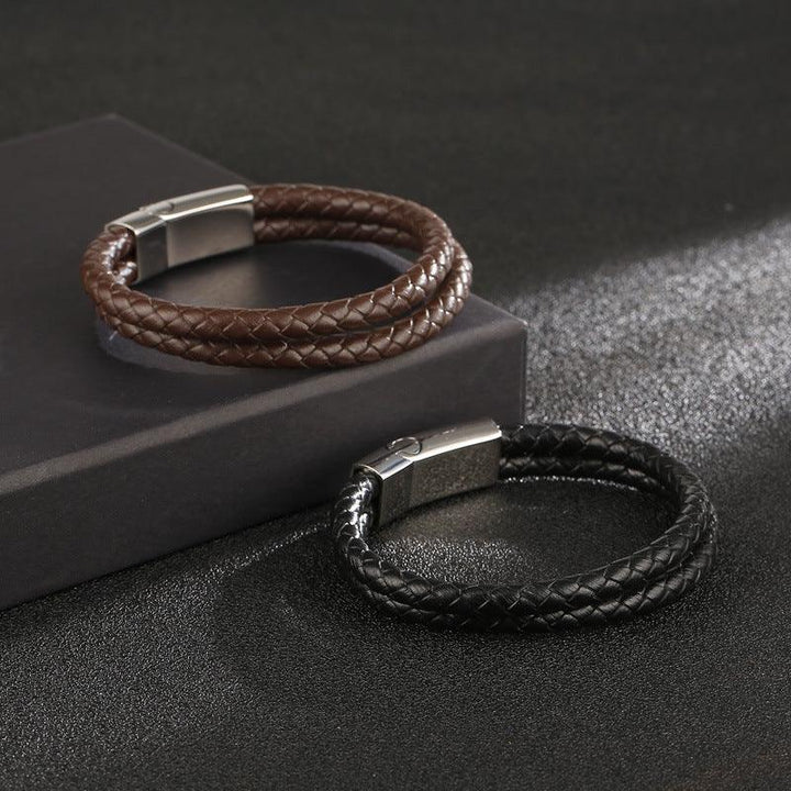 Kalen Double Layer Leather Stainless Steel Bracelet For Men - kalen