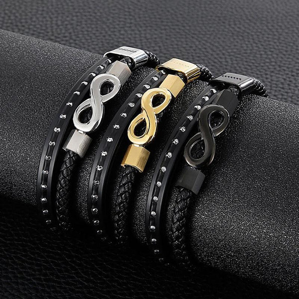 Kalen Double Layer Leather Stainless Steel Infiniti Bracelet For Men - kalen
