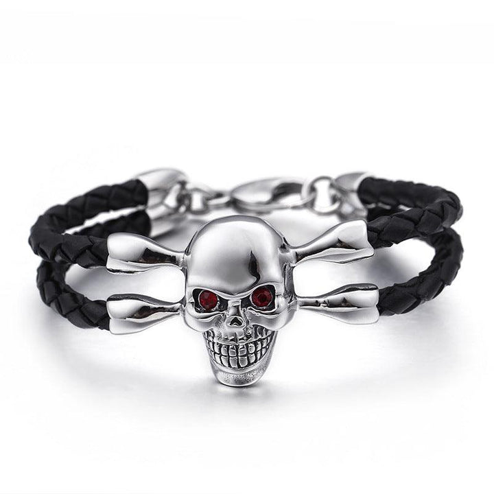 Kalen Double Layer Leather Stainless Steel Skull Charm Bracelet For Men - kalen