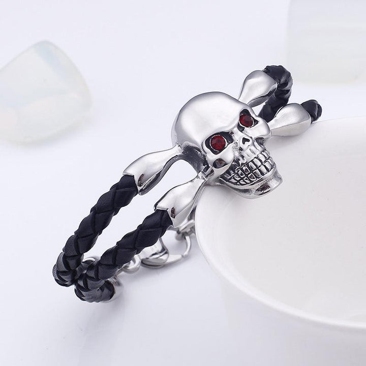 Kalen Double Layer Leather Stainless Steel Skull Charm Bracelet For Men - kalen