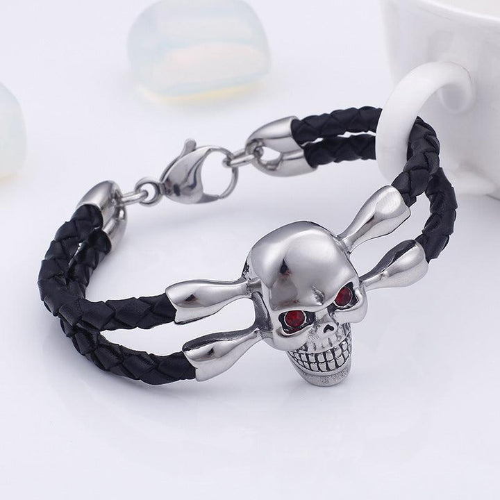 Kalen Double Layer Leather Stainless Steel Skull Charm Bracelet For Men - kalen