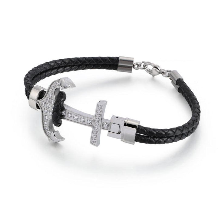 Kalen Double Layer Leather Stainless Steel Zircon Anchor Bracelet For Men - kalen