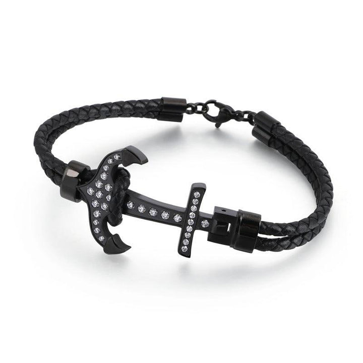 Kalen Double Layer Leather Stainless Steel Zircon Anchor Bracelet For Men - kalen