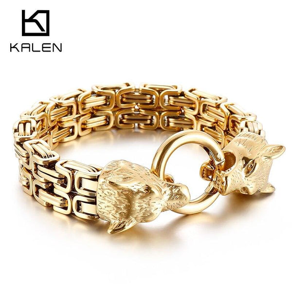 KALEN Double Royal Chain Wolf Bracelet Men Stainless Steel Punk Jewelry.