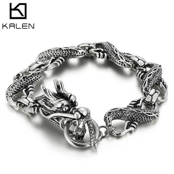 Kalen Dragon Bracelet Vintage Men's Carved Textured Bracelet Stainless Steel Jewelry Holiday Gift.
