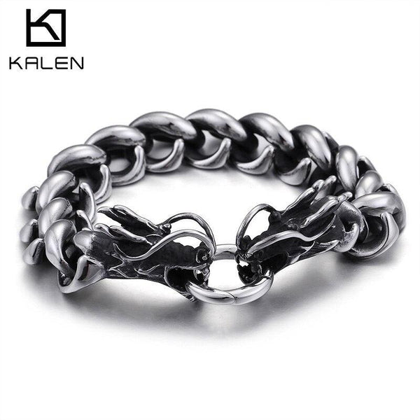 Kalen Dragon Head Charm Bracelet Punk Stainless Steel Curb Link Chain  Men Fashion Jewelry.