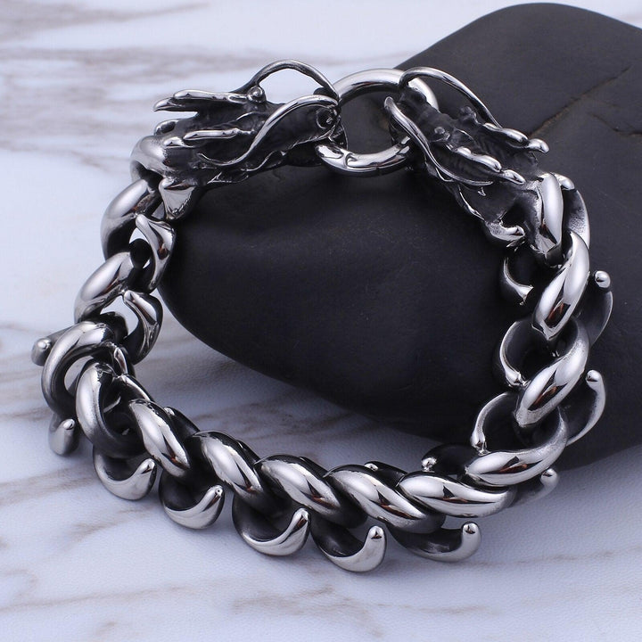 Kalen Dragon Head Charm Bracelet Punk Stainless Steel Curb Link Chain  Men Fashion Jewelry.