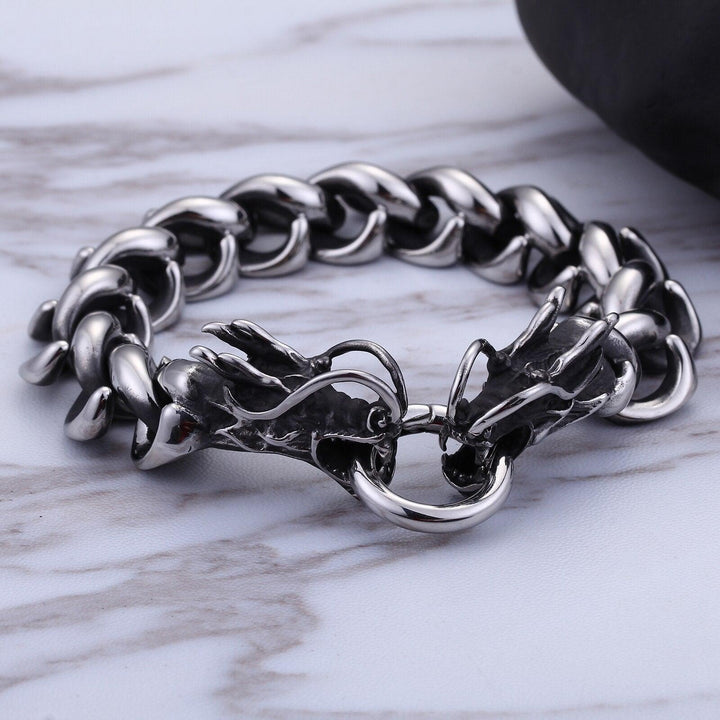 Kalen Dragon Head Charm Bracelet Punk Stainless Steel Curb Link Chain  Men Fashion Jewelry.