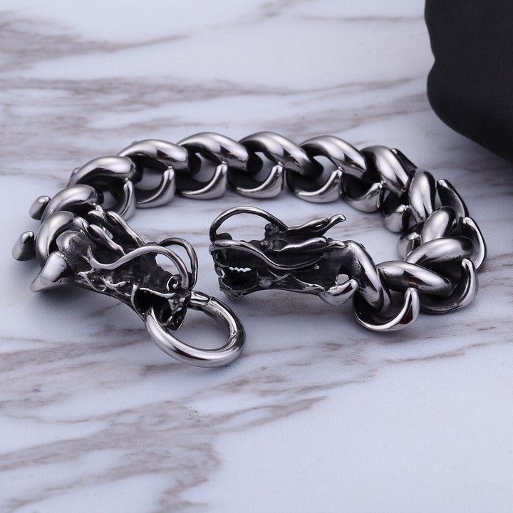 Kalen Dragon Head Charm Bracelet Punk Stainless Steel Curb Link Chain  Men Fashion Jewelry.