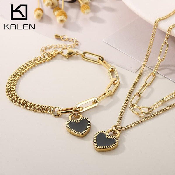 KALEN Fashion Create Drop Glue Heart Two Different Chains 18K Gold Plated Stainless Steel Bracelets Necklace For Women Set Party.