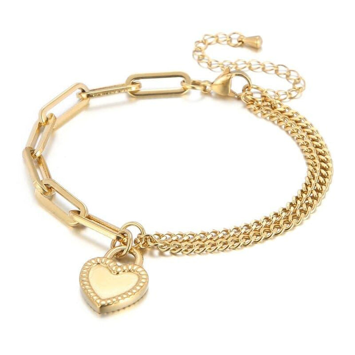 KALEN Fashion Create Drop Glue Heart Two Different Chains 18K Gold Plated Stainless Steel Bracelets Necklace For Women Set Party.