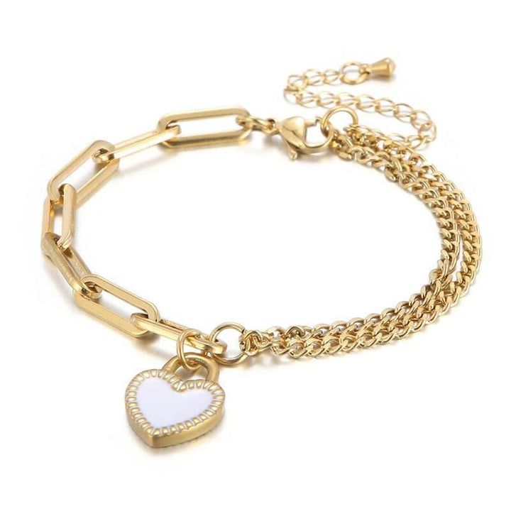 KALEN Fashion Create Drop Glue Heart Two Different Chains 18K Gold Plated Stainless Steel Bracelets Necklace For Women Set Party.