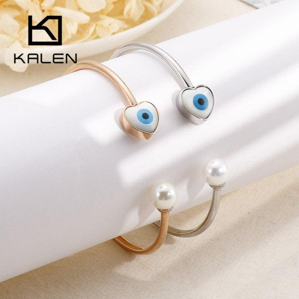 Kalen Eye Fatima Hamsa Hand Heart Evil Eye Bangle Stainless Steel Rose Gold Silver Color Open Cuff Bangle for Women Girls.