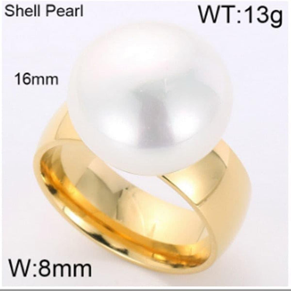 Kalen Fashion 8MM Anillos White Shell Pearl Rings For Women Gold Color Stainless Steel Wedding Bands Finger Rings Jewelry.