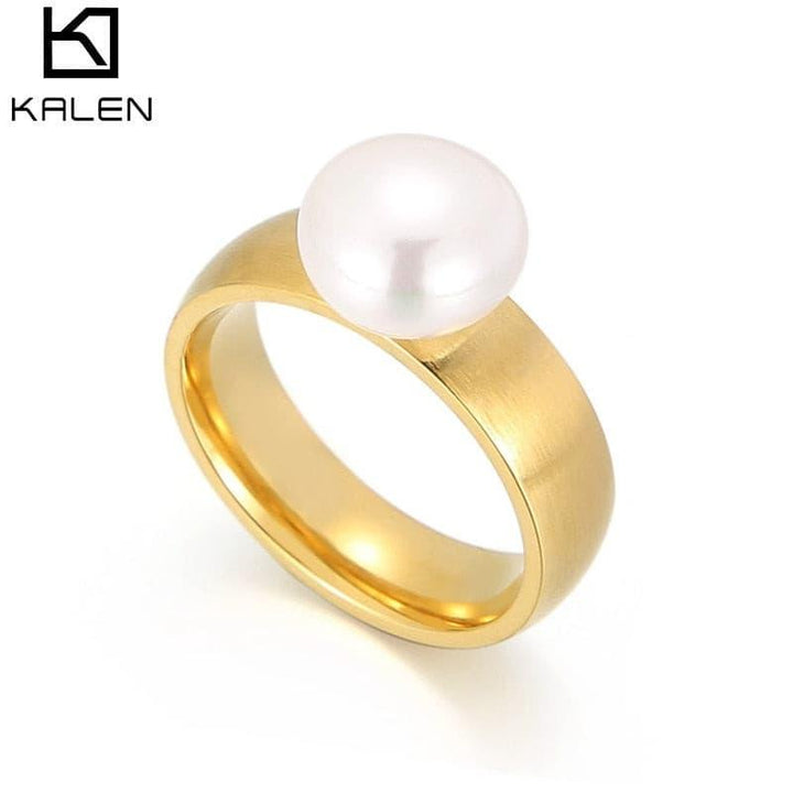 Kalen Fashion Anillos  White Simulated-Pearl Rings For Women Gold Stainless Steel Wedding Bands Finger Party Jewelry Girl Gifts.