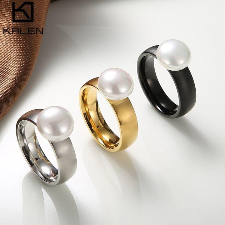 Kalen Fashion Anillos  White Simulated-Pearl Rings For Women Gold Stainless Steel Wedding Bands Finger Party Jewelry Girl Gifts.