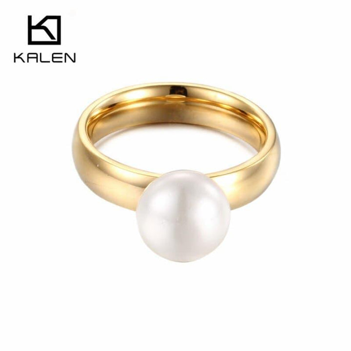 Kalen Fashion Anillos  White Simulated-Pearl Rings For Women Gold Stainless Steel Wedding Bands Finger Party Jewelry Girl Gifts.