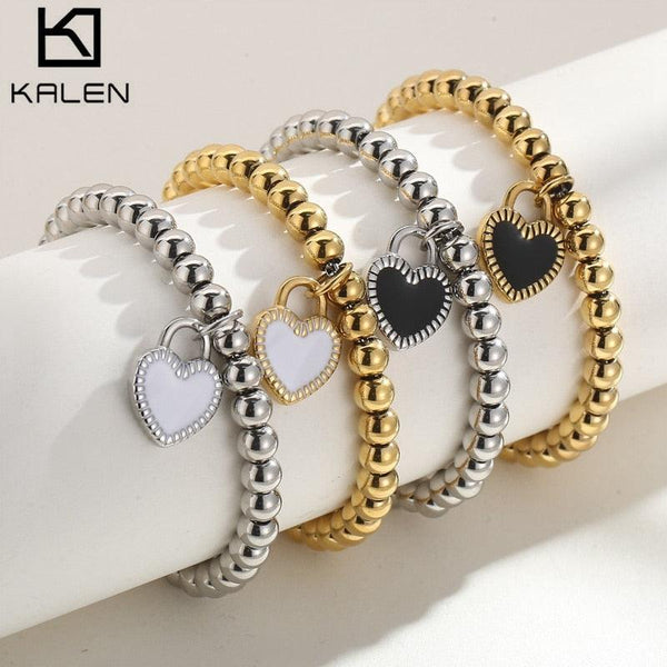 KALEN Fashion Drop Glue Heart Beaded Adjustable Bracelets 18K Gold Plated Stainless Steel Lucky Box Bangles For Women Jewelry.