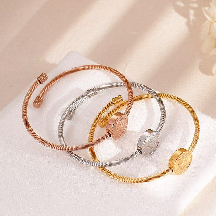 Kalen Fashion Exquisite Cuff Women Bangles Tri-color Stainless Steel Portrait Arrow Heart Bracelets For Women Wedding Jewelry.