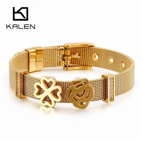 Kalen Fashion Heart Rose Flower Bangle Women Tri-color Stainless Steel Zircon Wristband Bracelets For Women Jewelry.