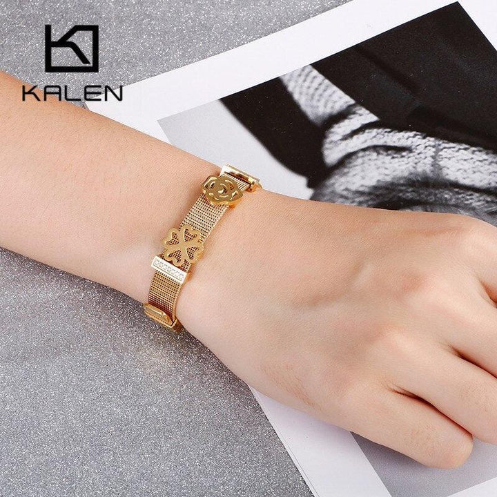 Kalen Fashion Heart Rose Flower Bangle Women Tri-color Stainless Steel Zircon Wristband Bracelets For Women Jewelry.