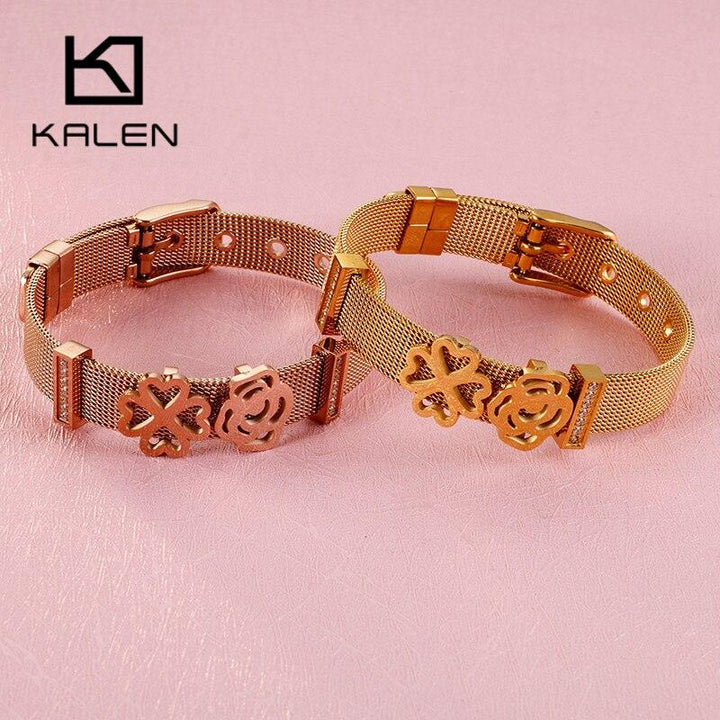 Kalen Fashion Heart Rose Flower Bangle Women Tri-color Stainless Steel Zircon Wristband Bracelets For Women Jewelry.