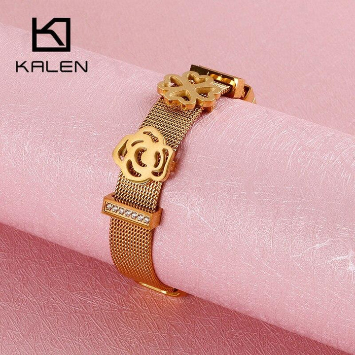 Kalen Fashion Heart Rose Flower Bangle Women Tri-color Stainless Steel Zircon Wristband Bracelets For Women Jewelry.