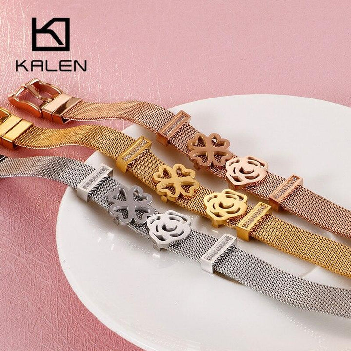 Kalen Fashion Heart Rose Flower Bangle Women Tri-color Stainless Steel Zircon Wristband Bracelets For Women Jewelry.