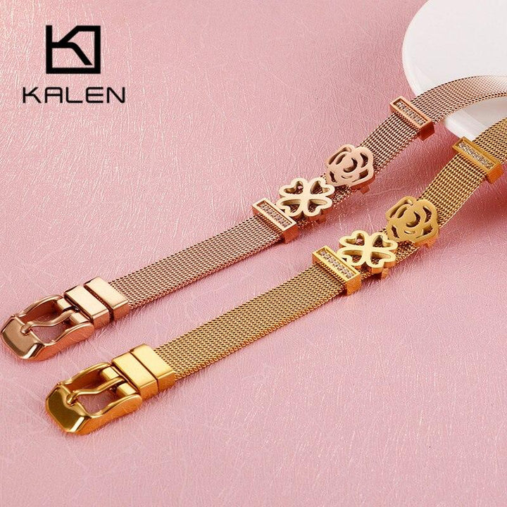 Kalen Fashion Heart Rose Flower Bangle Women Tri-color Stainless Steel Zircon Wristband Bracelets For Women Jewelry.