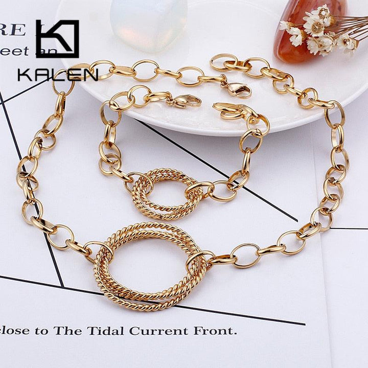 KALEN Fashion Jewelry Sets For Women 3 Colors Stainless Steel Round Choker Necklaces Bracelets Sets Party Wedding Women Gifts.