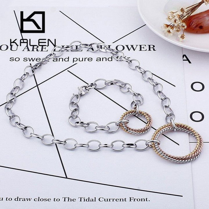 KALEN Fashion Jewelry Sets For Women 3 Colors Stainless Steel Round Choker Necklaces Bracelets Sets Party Wedding Women Gifts.