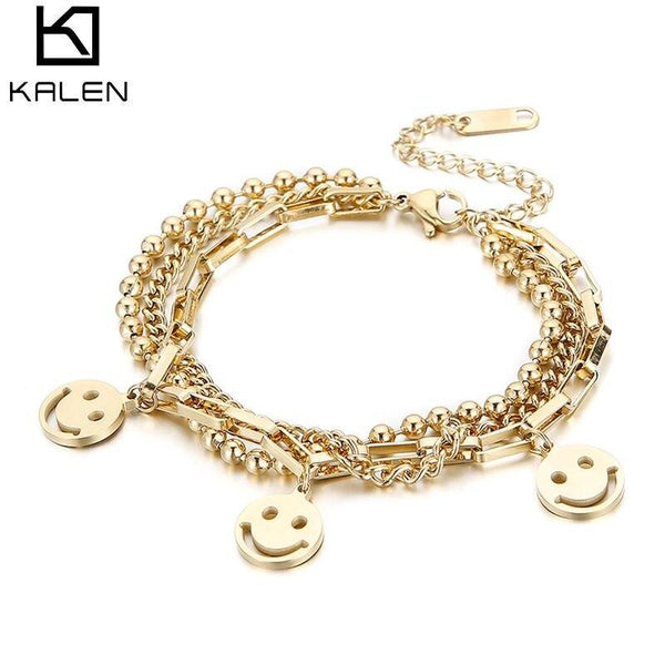 Kalen Fashion Metal Smile Face Vintage Coin Portrait Chain Bracelet for Women Jewelry Smiley Double Wild Bracelets.