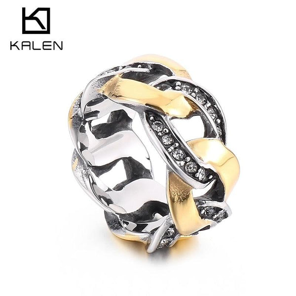 KALEN Fashion Women's Gothic Punk Vintage Zirconia Stainless Steel Vintage Gold Square White Stone Crystal Ring Jewellery.