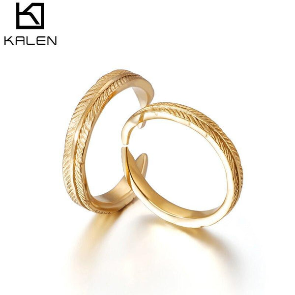 Kalen Classic Feathers Women Rings Men Graceful Rings Stainless Steel Gold &amp; Color Cuff Couple Rings Wedding Bands Jewelry Gift.