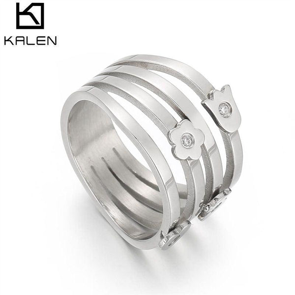 KALEN Flower Zircon Four Layers Ring Stainless Steel Ring Cutting Engagement Fashion Jewelry Rings For Women Party.