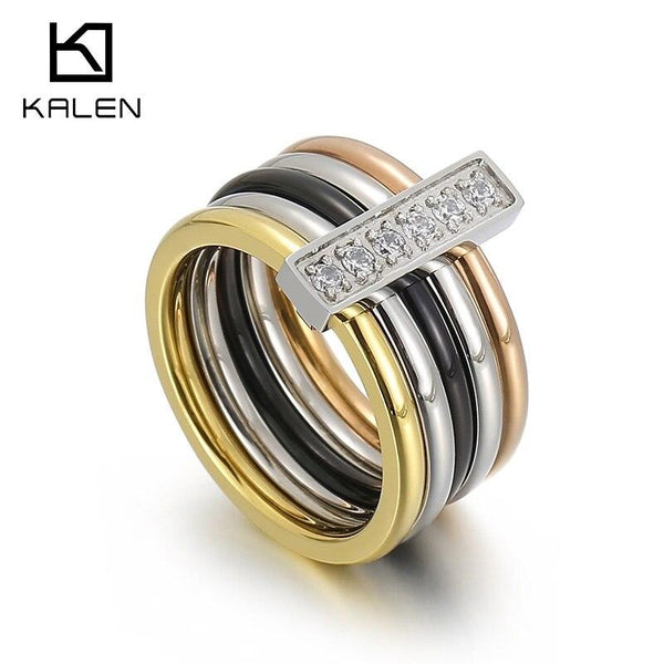 Kalen Geometric Mixed Colour Combination Round Zircon Crystal Rings Set for Women Engagement Party Wedding Rings Hand Jewelry.