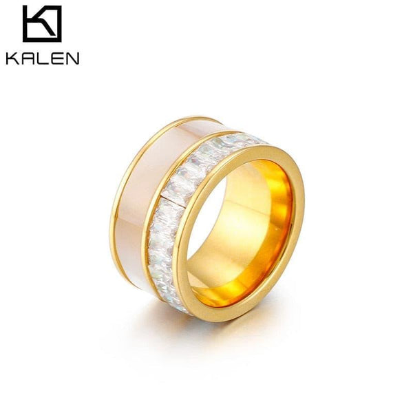 KALEN Gold Color Smooth Stainless Steel Bague Rings For Women Round Bohemia Shell &amp; Cubic Zirconia Jewelry Femme Party Gifts.