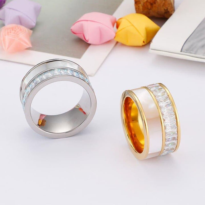 KALEN Gold Color Smooth Stainless Steel Bague Rings For Women Round Bohemia Shell &amp; Cubic Zirconia Jewelry Femme Party Gifts.