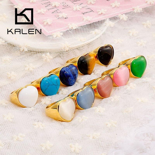 KALEN Gold Color Stainless Steel Rings For Women Heart Big Marble Colourful Stone Wedding Bands Mujer Anillos Jewelry.