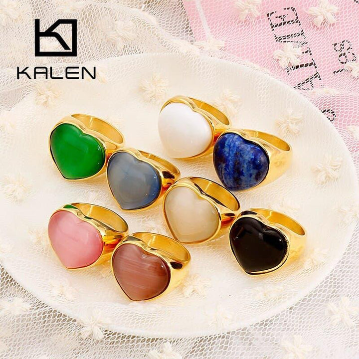 KALEN Gold Color Stainless Steel Rings For Women Heart Big Marble Colourful Stone Wedding Bands Mujer Anillos Jewelry.