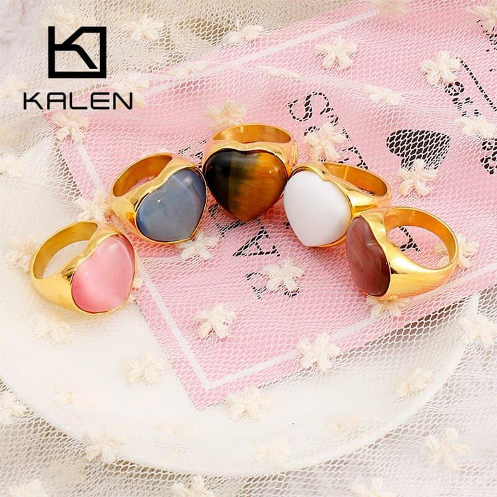 KALEN Gold Color Stainless Steel Rings For Women Heart Big Marble Colourful Stone Wedding Bands Mujer Anillos Jewelry.