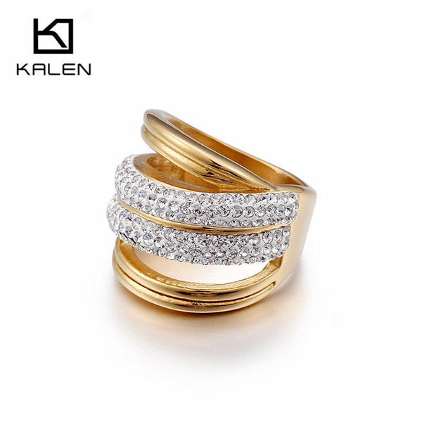 Kalen Gold Finger Rings For Women Two Rows Rhinestone &amp; Stainless Steel Geometric Rings Band For Party Anniversary Engagement.