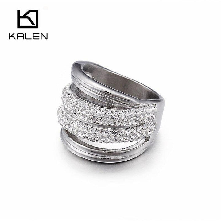 Kalen Gold Finger Rings For Women Two Rows Rhinestone &amp; Stainless Steel Geometric Rings Band For Party Anniversary Engagement.