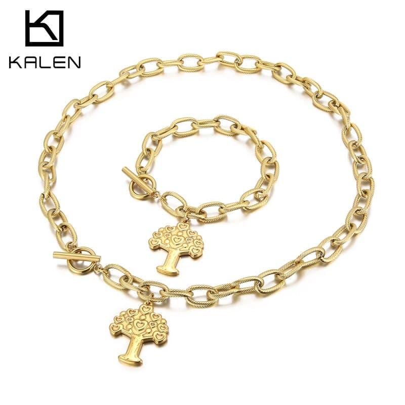 KALEN Golden Metal Choker Tree Leaf Necklace Set for Women Charm Collar Necklace Bracelet 14 k Jewelry Set Bijoux Femme.