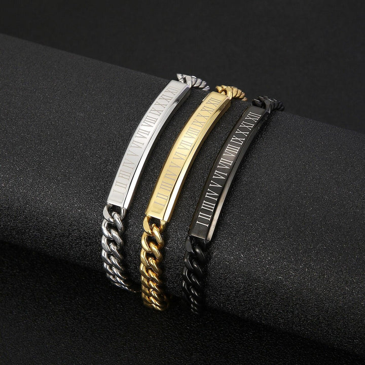 Kalen Golden Trend Roman Numeral Bracelet Stainless Steel Men's Cuban Chain Punk Jewelry.