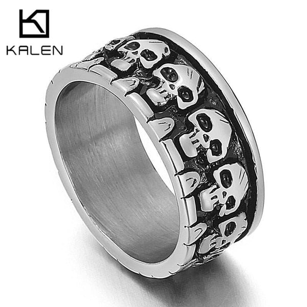 Kalen Gothic Skull Soul Ring Stainless Steel Men's Punk 10mm Wide Rings Jewelry.