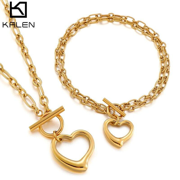 KALEN Heart Bracelet Necklace Set Hollow Stainless Steel Heart Jewelry Set for Women Elegant Buckle Choker Collar Party Gift.